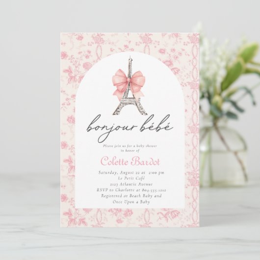 Boujour Bebe Paris Frans Toile Roze Baby shower Kaart (Staand voorkant)