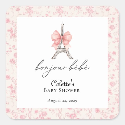 Boujour Bebe Paris Frans Toile Roze Baby shower Vierkante Sticker (Voorkant)