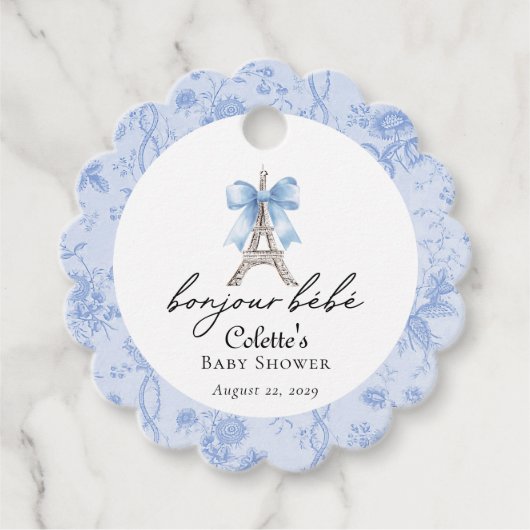 Boujour Bebe Paris Franse Toile Blauw Baby shower Bedankjes Labels (Voorkant)