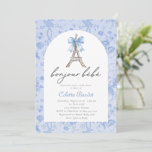 Boujour Bebe Paris Franse Toile Blauw Baby shower Kaart (Staand voorkant)