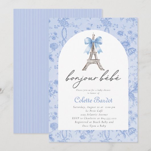 Boujour Bebe Paris Franse Toile Blauw Baby shower Kaart (Voorkant / Achterkant)