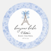 Boujour Bebe Paris Franse Toile Blauw Baby shower Ronde Sticker (Voorkant)