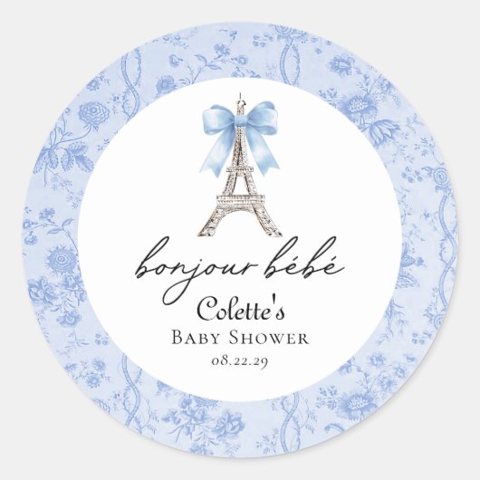 Boujour Bebe Paris Franse Toile Blauw Baby shower Ronde Sticker (Voorkant)