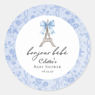 Boujour Bebe Paris Franse Toile Blauw Baby shower Ronde Sticker