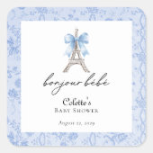 Boujour Bebe Paris Franse Toile Blauw Baby shower Vierkante Sticker (Voorkant)