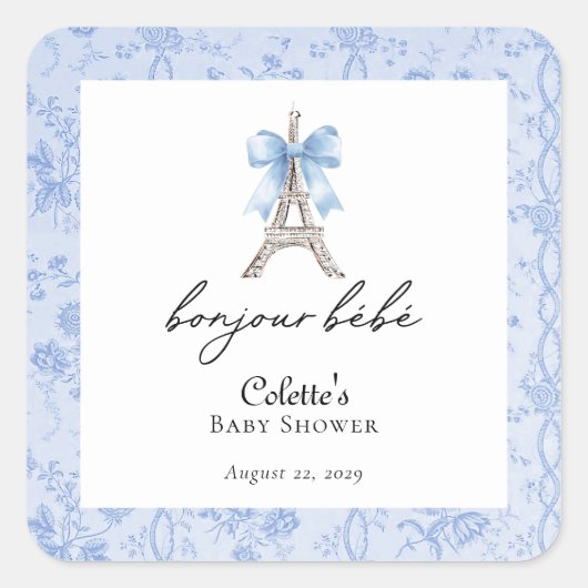 Boujour Bebe Paris Franse Toile Blauw Baby shower Vierkante Sticker (Voorkant)