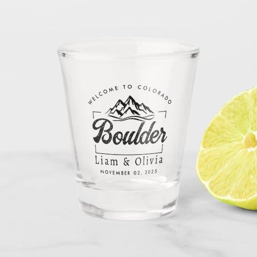 Boulder Colorado Bruiloft Minimalistisch Welkom Shot Glas (Voorkant)