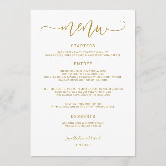 Bounce Calligraphy Swirly (Flat Gold) Wedding Menu (Voorkant)