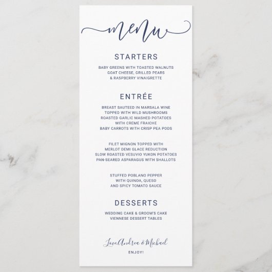 Bounce Calligraphy Swirly (Navy Blue) Wedding Menu (Voorkant)