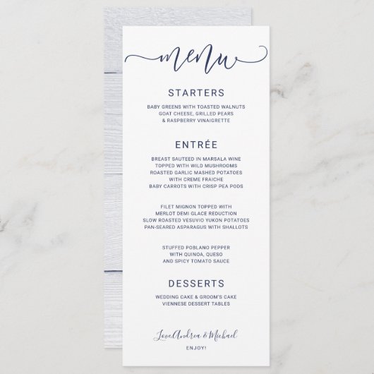 Bounce Calligraphy Swirly (Navy Blue) Wedding Menu (Voorkant / Achterkant)