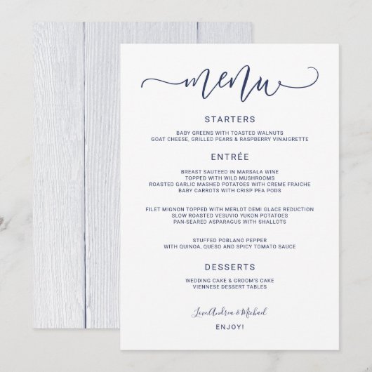 Bounce Calligraphy Swirly (Navy Blue) Wedding Menu (Voorkant / Achterkant)