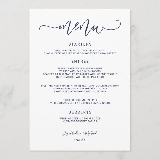 Bounce Calligraphy Swirly (Navy Blue) Wedding Menu (Voorkant)