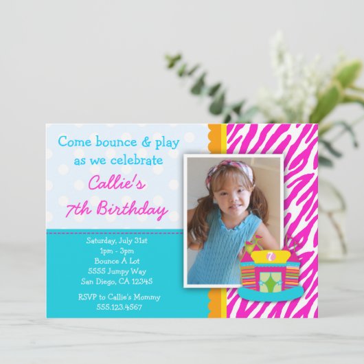 Bounce House Birthday Uitnodiging Zebra Print Pink (Staand voorkant)