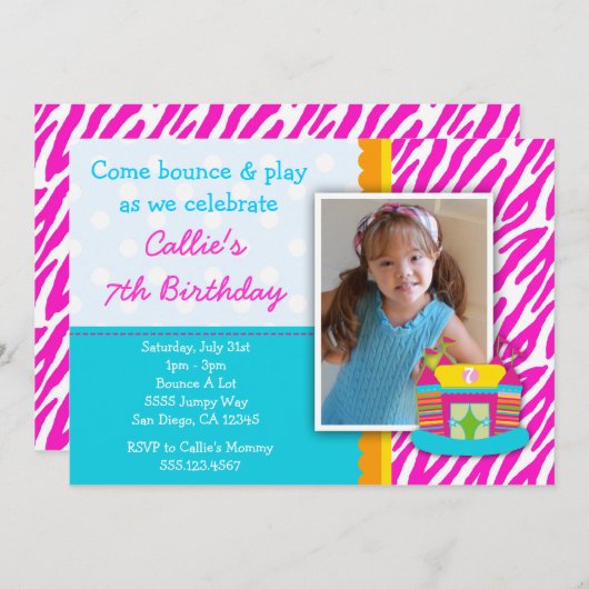 Bounce House Birthday Uitnodiging Zebra Print Pink (Voorkant / Achterkant)