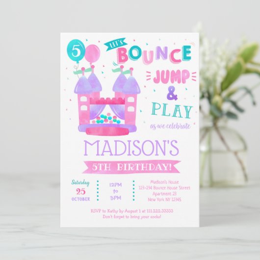 Bounce House Jump Birthday Uitnodigingen voor meis (Staand voorkant)
