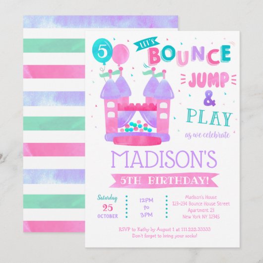 Bounce House Jump Birthday Uitnodigingen voor meis (Voorkant / Achterkant)