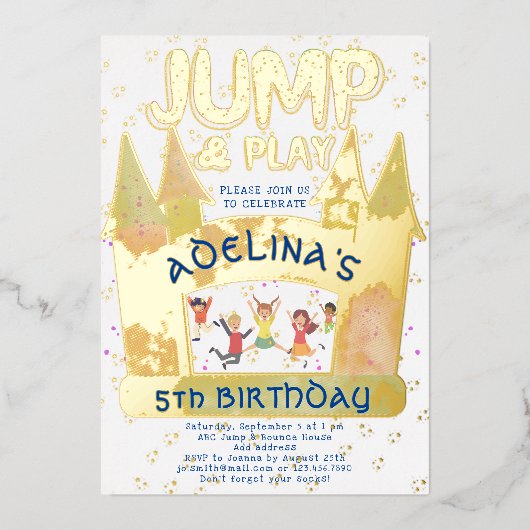 Bounce House Jump Spelen Gymnastiek Kinderen Verja Folie Uitnodiging (Voorkant)