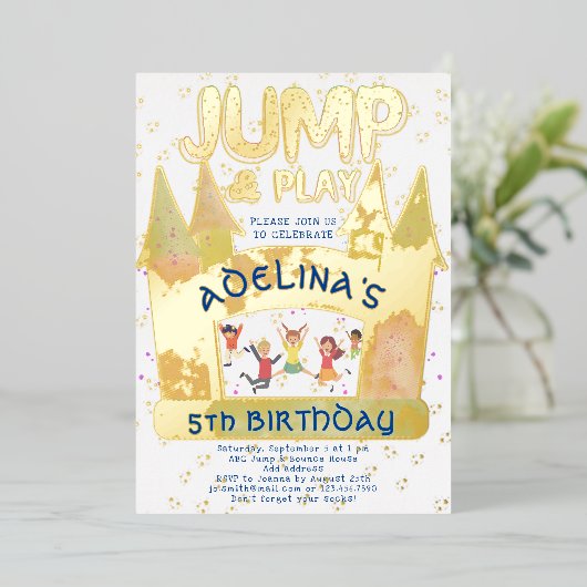 Bounce House Jump Spelen Gymnastiek Kinderen Verja Folie Uitnodiging (Staand Voorkant)