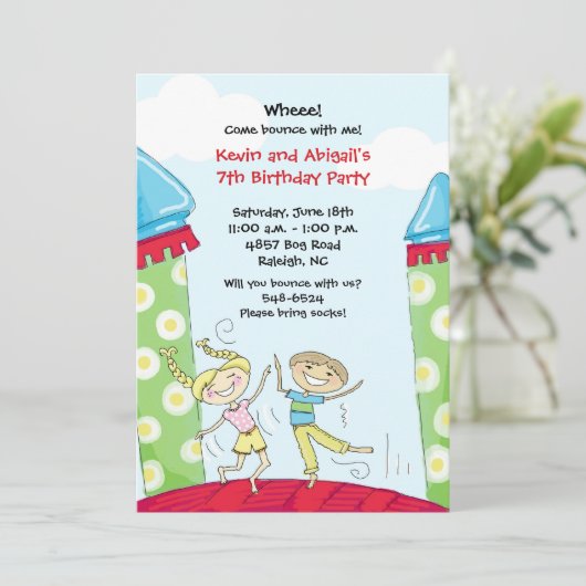 Bounce House Party nodigt Green Boy and Girl uit Kaart (Staand voorkant)