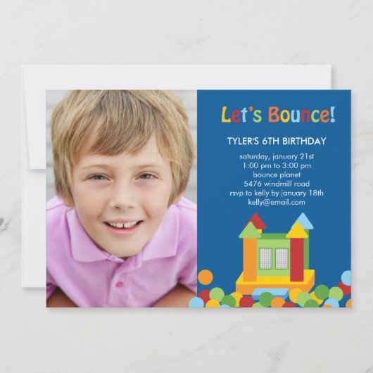 Bounce House Photo Birthday Invitation - Blue Kaart (Voorkant)