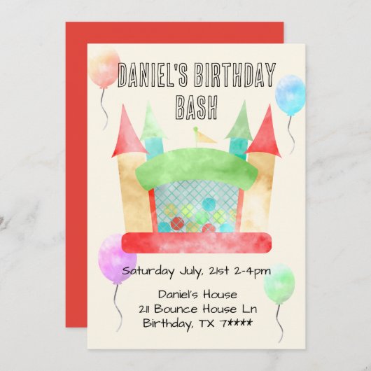 Bounce Huis Verjaardag Bash Party Uitnodiging (Voorkant / Achterkant)