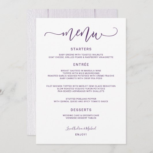 Bounce kalligrafie wervelig (pruim / Paarse) bruil Menu (Voorkant / Achterkant)