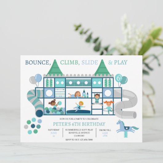 Bounce klimspel Verjaardagsfeestuitnodiging Kaart (Staand voorkant)