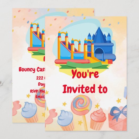 Bouncy Castle Adventure Park Birthday Party Invi Kaart (Voorkant / Achterkant)