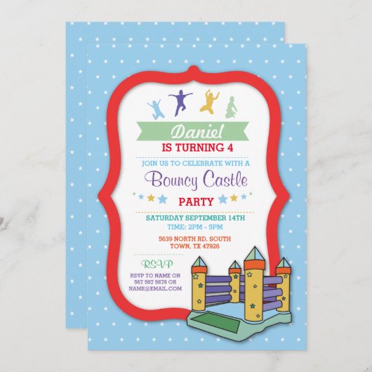Bouncy Castle Party Blue Kids Verjaardag Uitnodigi Kaart (Voorkant / Achterkant)