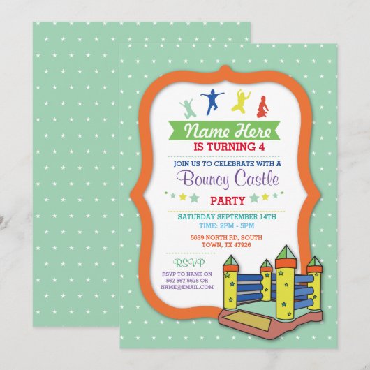 Bouncy Castle Party Green Kids Verjaardag Uitnodig Kaart (Voorkant / Achterkant)