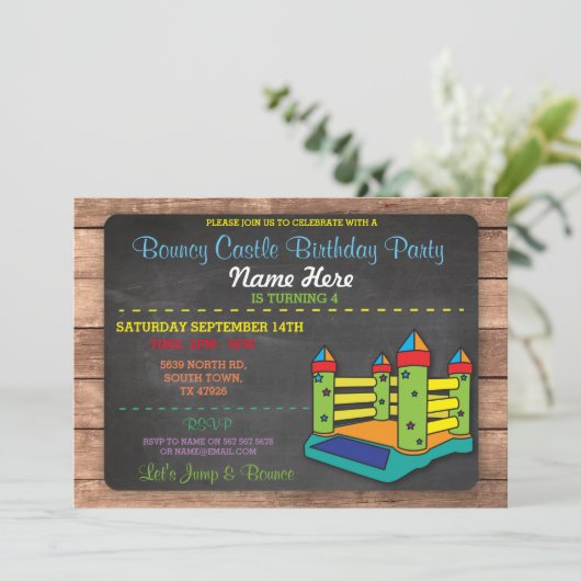 Bouncy Castle Party Jump Kids Verjaardag Uitnodigi Kaart (Staand voorkant)
