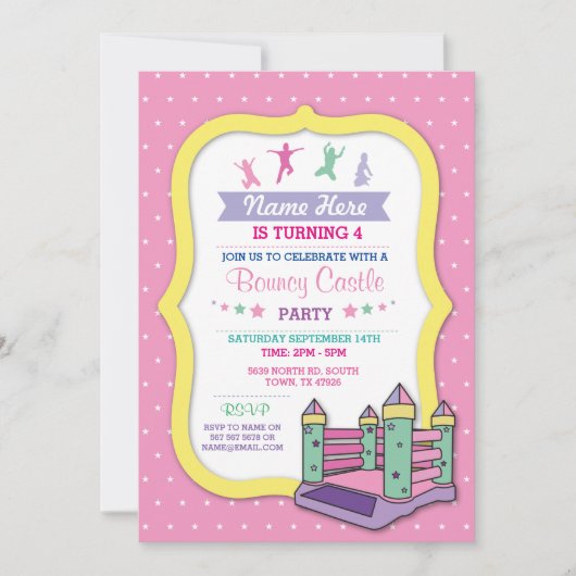 Bouncy Castle Party Roze Kids Verjaardag Uitnodigi Kaart (Voorkant)