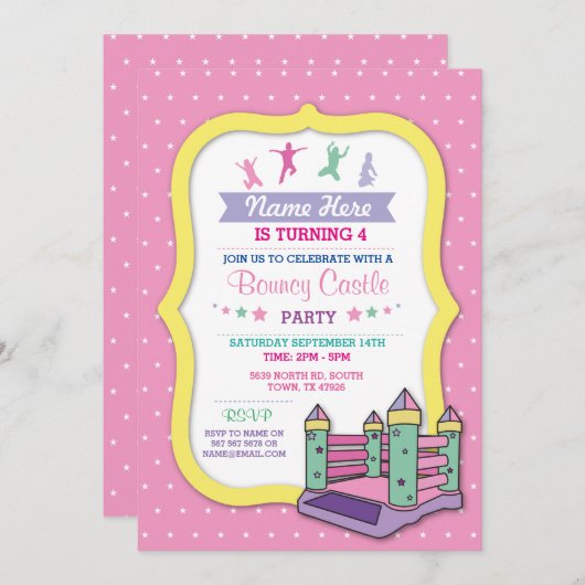 Bouncy Castle Party Roze Kids Verjaardag Uitnodigi Kaart (Voorkant / Achterkant)