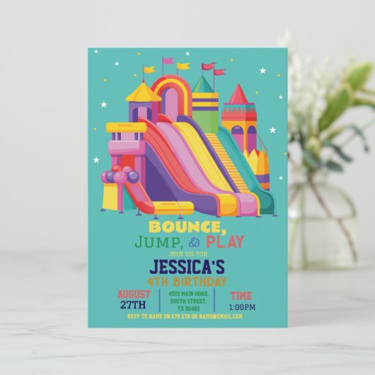 Bouncy Castle Verjaardagsfeest Jump Bounce Blauwgr Kaart (Staand voorkant)