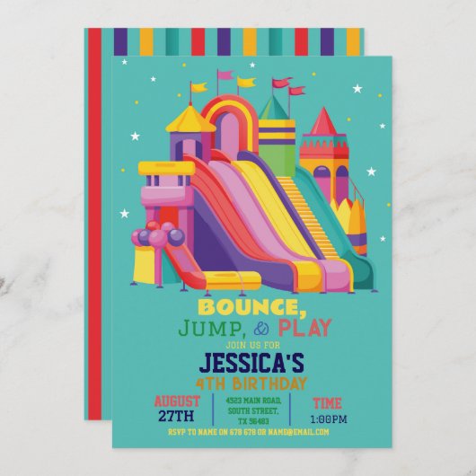 Bouncy Castle Verjaardagsfeest Jump Bounce Blauwgr Kaart (Voorkant / Achterkant)