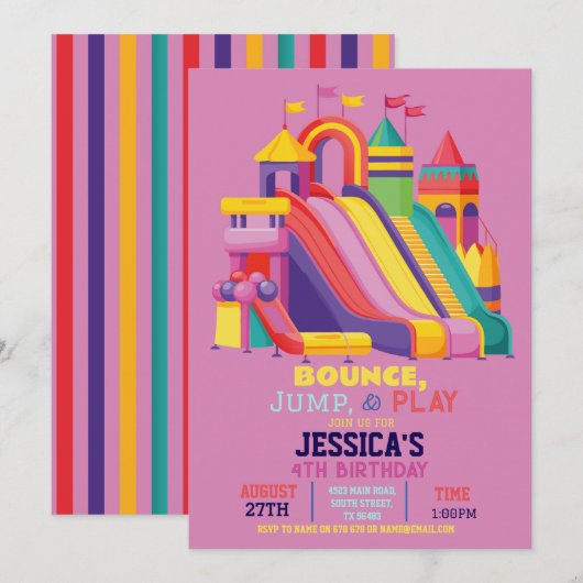 Bouncy Castle Verjaardagsfeest Jump Bounce Pink Gi Kaart (Voorkant / Achterkant)