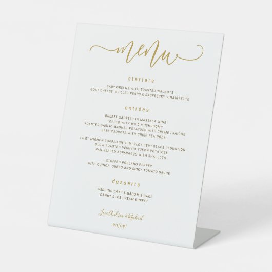 Bouncy Swirly Calligraphy Gold in het huwelijksmen Reclamebord Met Voetstuk (Voorkant)
