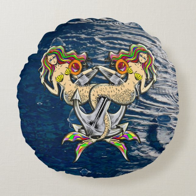Bound Mermaids - Nautisch ontwerp voor oceaanliefh Rond Kussen (Voorkant)