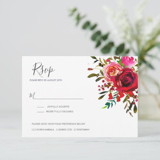 Bounful Roos Ruby Red Wedding RSVP Kaartje (Staand voorkant)