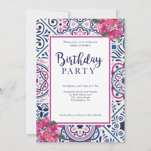 Bounganvillea en tegels Birthday Uitnodiging (Voorkant)