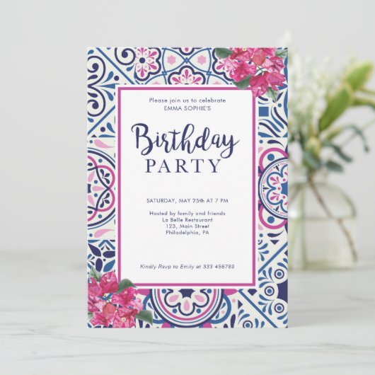 Bounganvillea en tegels Birthday Uitnodiging (Staand voorkant)