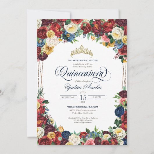 Bounitful Garden Royal Blue Floral Quinceanera Kaart (Voorkant)