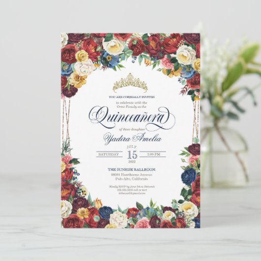 Bounitful Garden Royal Blue Floral Quinceanera Kaart (Staand voorkant)