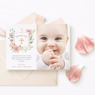 Bounke Rozen Elegant Pink Floral Baptisme Foto Bedankkaart