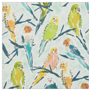 BOUNTIFUL BUDGIES Cute Aqua Waterverf Parakeet Stof