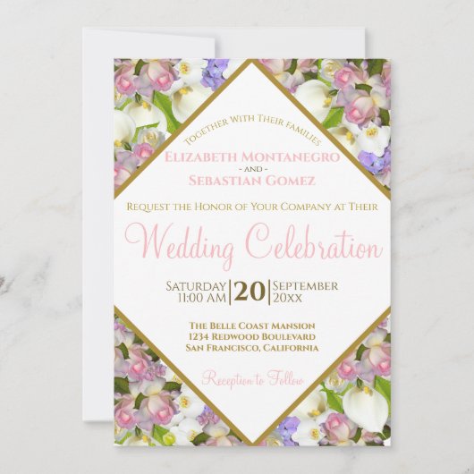 Bounty of Pastel Flowers Diamond Lijst Bruiloft Kaart (Voorkant)