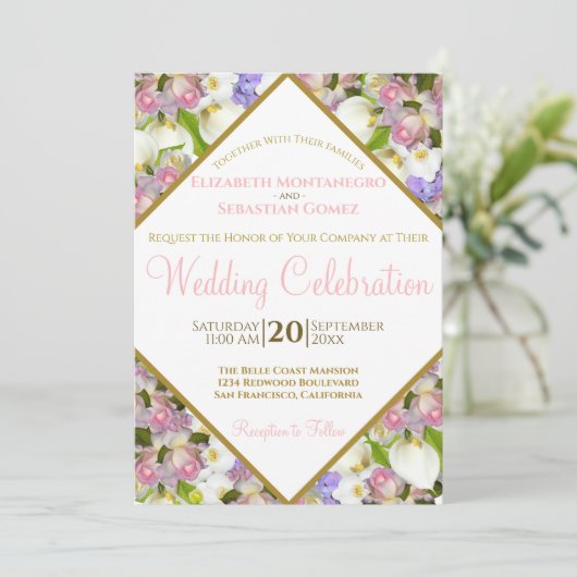 Bounty of Pastel Flowers Diamond Lijst Bruiloft Kaart (Staand voorkant)