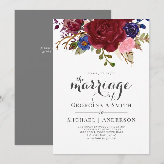 Bouquet Burgundy Blue Pink Flowers WEDDING Kaart (Voorkant / Achterkant)