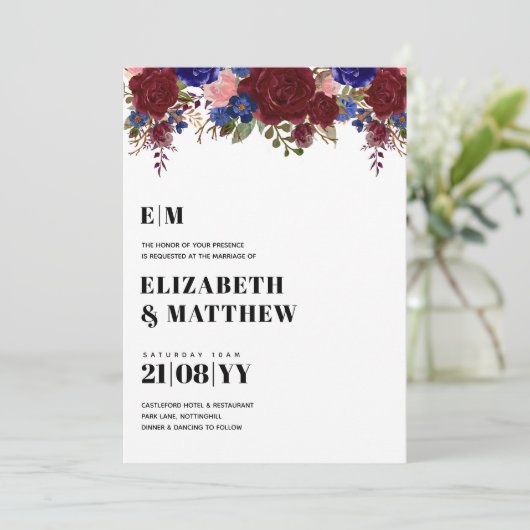 Bouquet Burgundy Blue Rozen Wedding Invite (Staand voorkant)