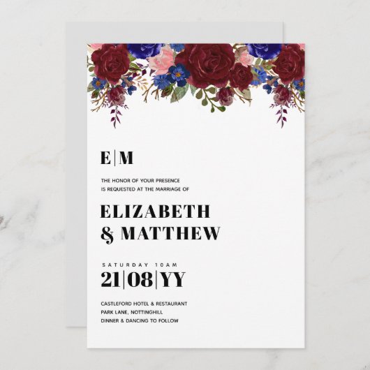 Bouquet Burgundy Blue Rozen Wedding Invite (Voorkant / Achterkant)
